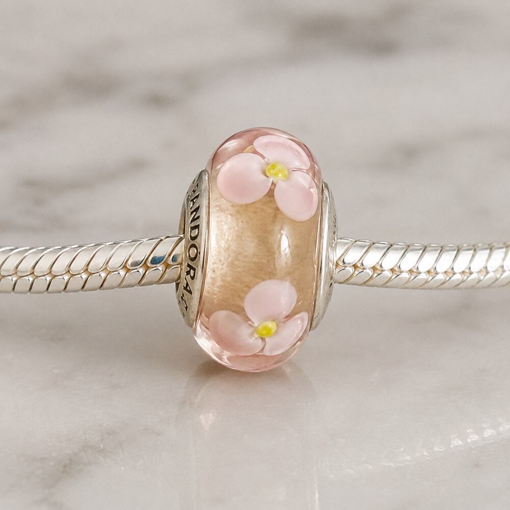 Pandora ALE 925 Pink Floral Murano Glass Charm Sterling Silver